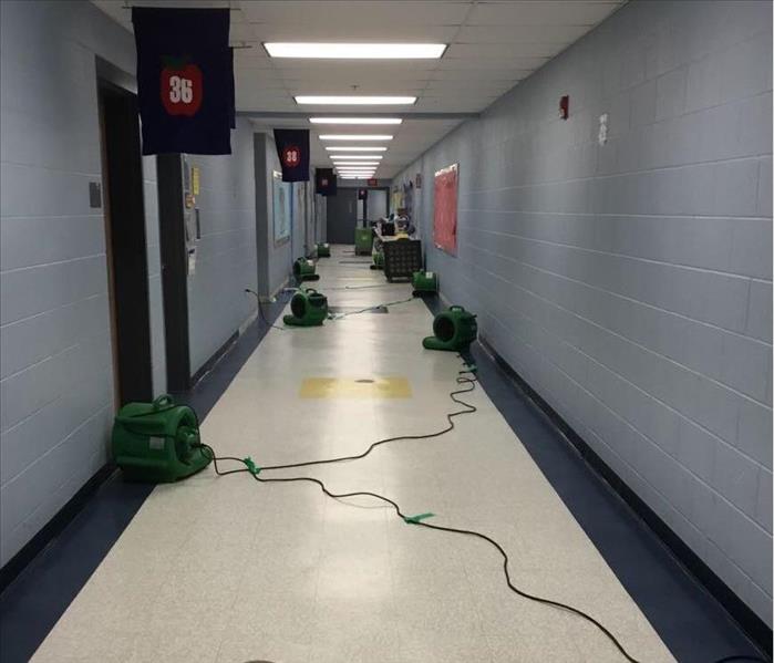 Hallway of a school with green cleaning machines 