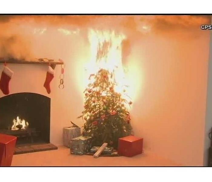 living room of a home with stockings hung by a fireplace and a christmas tree on fire